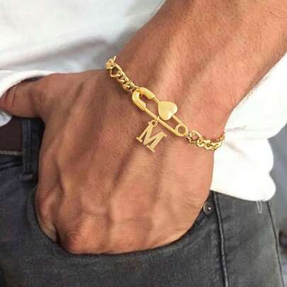 1pc New Classic Heart Pin Initial Golden Stainless Steel Figaro Chain Bracelet For Men