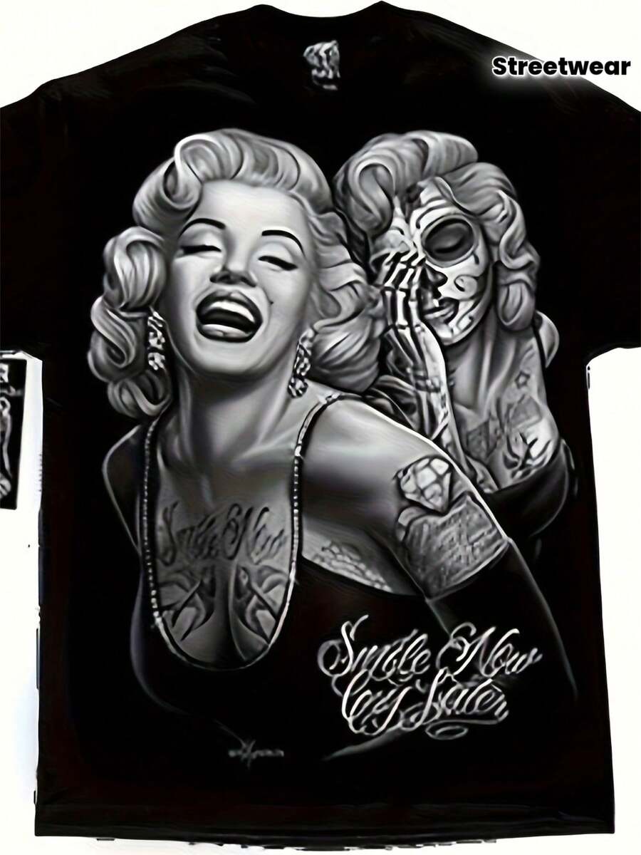 58_LocalAuthentic D Gonzales DGA Camiseta para hombre "Sonríe ahora, llora después" de la Oeste - Camiseta de algodón pesado de 220 g/m² con un ajuste relajado y un gráfico de tatuaje DGA, diseño de la Oeste y estampado aleatorio para ropa casual de uso durante todo el año - Negro - Ver 1