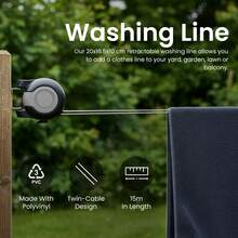 Retractable Double Clothesline, Wall-Mounted Twin Cable Drying Rack Extending Up To 2x15m (50ft), PVC-Coated Steel Wire, Holds Up To 15kg, Indoor & Outdoor For Balcony - Black - View 4