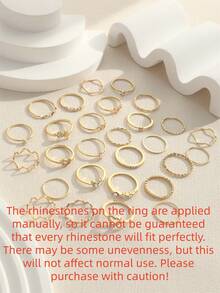 28 piezas Anillos de nudillo geométricos de oro con corazón de cristal y diseño de ola, en estilo minimalista [Tallas marcadas, anillos cerrados, no forzar para abrirlos] - Amarillo Oro - Ver 6