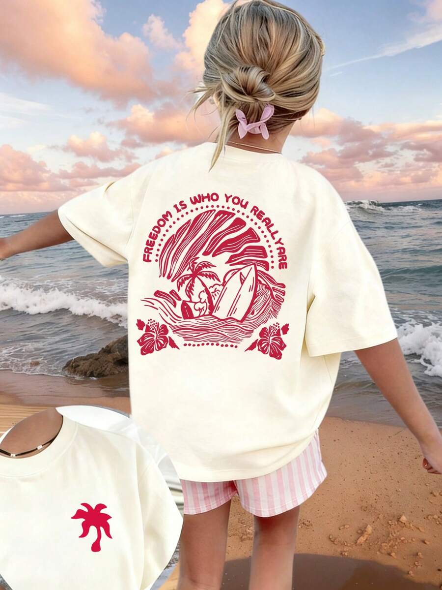 Tween Girl Tropical Print Round Neck Short Sleeve T-Shirt, Summer Top - Apricot - View 1