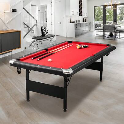 Billiards Table, 7 Ft Pool Table, Portable Foldable Space-Saving Table, Billiard Table Set Includes Balls, Cues, Chalks And Brush, Black With Red Cloth, Perfect For Family Game Room Kids Adults
