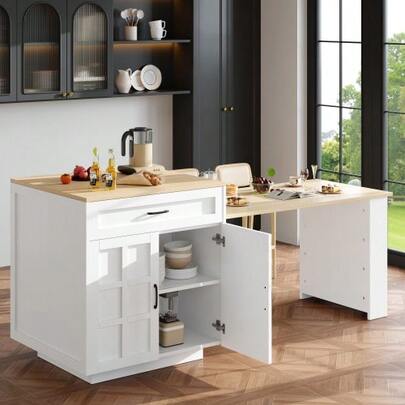 Extendable Bar Table With Storage (133-202*70*93.5cm), With Two Drawers And Four Compartments, Kitchen Island Extendable Table, For 2-6 People, Kitchen Dining Cart With Side Shelves, White