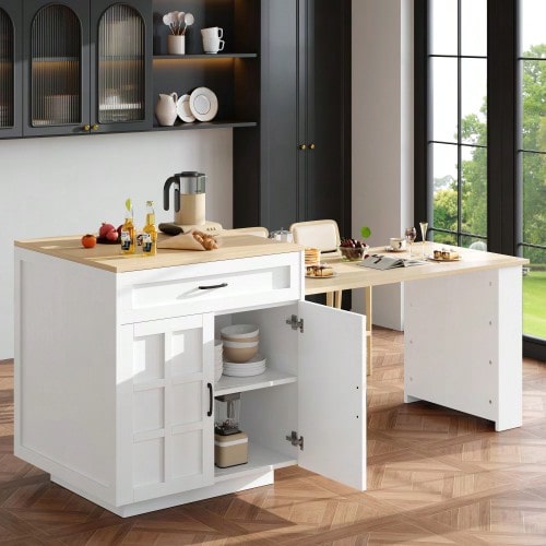 Extendable Bar Table With Storage (133-202*70*93.5cm), With Two Drawers And Four Compartments, Kitchen Island Extendable Table, For 2-6 People, Kitchen Dining Cart With Side Shelves, White