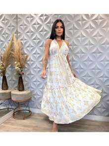 Elegant White Women's Long Silk  Print Dress - Red and White - View 2