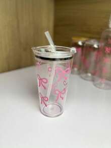 1pc,Cute Pink Bow Reusable Plastic Tea Cup With Lid And Straw,Watar Bottle For Men And Wowen,Office&School& Birthday&Party - Multicolor - View 8