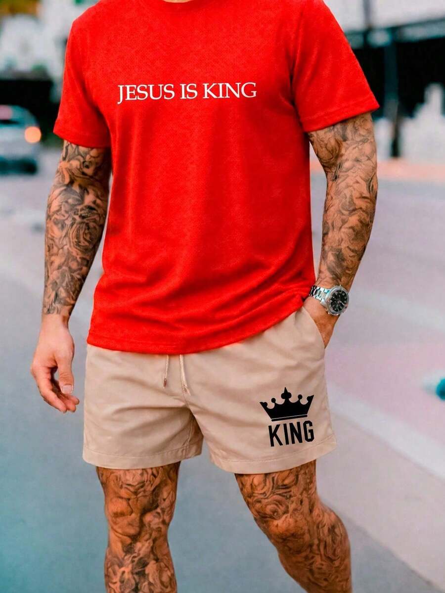 Kit Masculino Conjunto Short Tactel + Camiseta Vermelha Com Estampa Streetwear Modelo: "Jesus Is King" Lançamento | Envio Imediato - Caqui - Visão 1