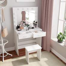 White Dressing Table Set With LED Lights Mirror, Vanity Makeup Table 2 Large Drawers And Stool - White - View 5