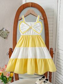 Young Girls' Fashion Dual-Color Patchwork Bowknot Decor Sleeveless Layered Cake Dress, Casual A-Line Sundress Suitable For Beach Vacation - Yellow - View 2