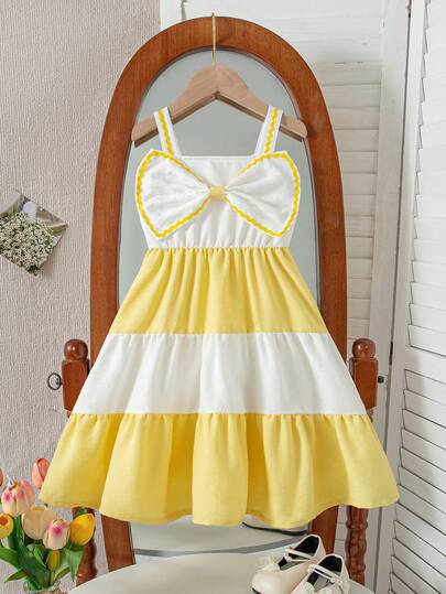 Young Girls' Fashion Dual-Color Patchwork Bowknot Decor Sleeveless Layered Cake Dress, Casual A-Line Sundress Suitable For Beach Vacation