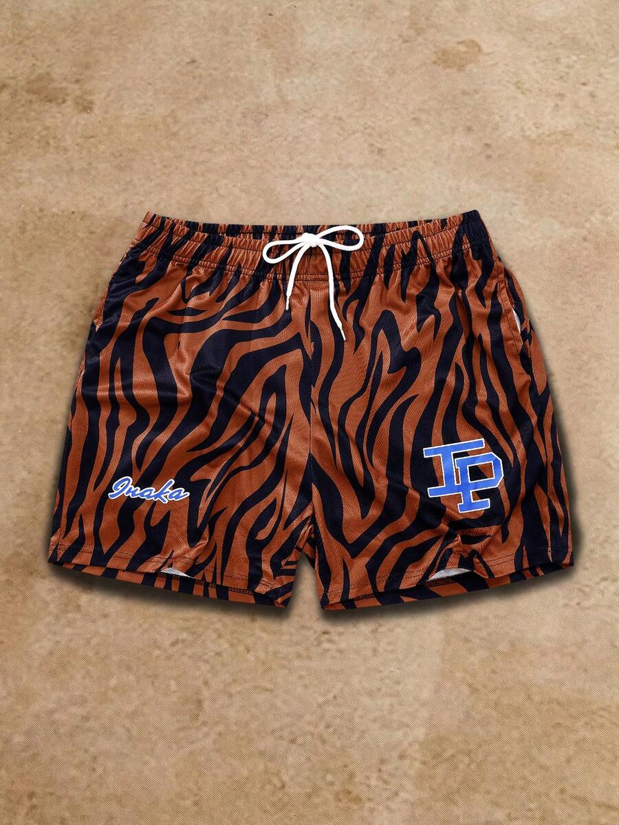 男士夏季街头休闲篮球短裤，虎纹印花，适合海滩穿着，夏季度假抽绳腰带沙滩短裤，日常穿着皆宜。 - 紅色 - 查看 1