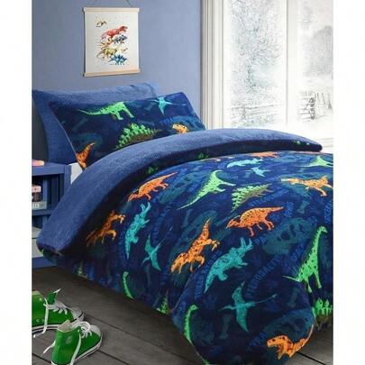 Kids Dinosaur Teddy Fleece Duvet Cover & Pillowcase Bedding Set Warm Teddy Duvet