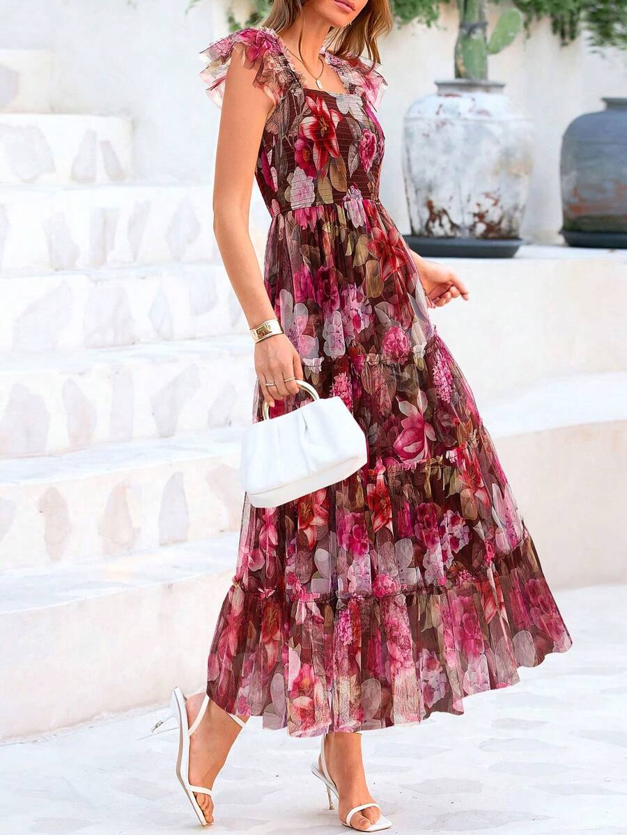 Women's Summer Mid-Length Dress Casual Sleeveless Pleats Ruffled Tulle Flowing New Year Party Wedding Guest Sundress - Nền màu nâu với họa tiết hoa màu hồng. - Xem 1