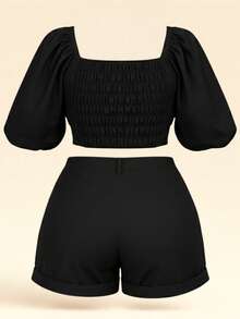 Plus Size Set: Adjustable Cropped Top + Comfortable High-Waisted Shorts - Women's Summer Fashion - Sizes 46 To 56 - 黑色 - 查看 3