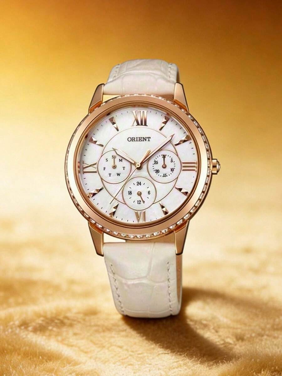 Orient Reloj de mujer de lujo con borde de cristal en color oro rosa, elegante correa de cuero blanco, multifunción con pantalla de fecha - Blanco - Ver 1