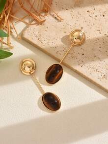 1 Pair Fashionable Tiger Eye Stone Geometric Pendant Earrings, Versatile Jewelry For Women To Wear Daily, Commuting, Dating, Casual Outings, Traveling, And Socializing - Multicolor - View 4