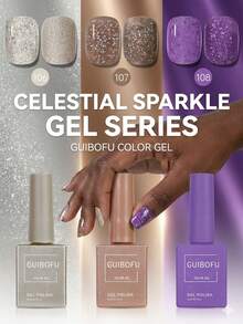 GMUME 3瓶/套 15毫升 亮片五彩纸屑凝胶指甲油，紫棕白亮片，趣味圆点派对饼干风格，独特DIY美甲，可卸UV/LED凝胶套装 - 彩色 - 查看 2