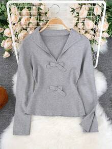 Cute Street Style Bow Lapel Pure Desire Slim Fit Knitwear Women's Slim Sweater Grey V-Neck Bottoming Shirt, Wearable Alone, Sleeve Slit - Grey - View 5
