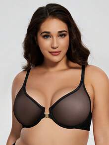 WINGSLOVE Plus Size Sheer Unpadded Deep V Bra, Metal Front Closure, Lightweight & Breathable, Criss-Cross Back Design, Bust Enhancing - Black - View 5