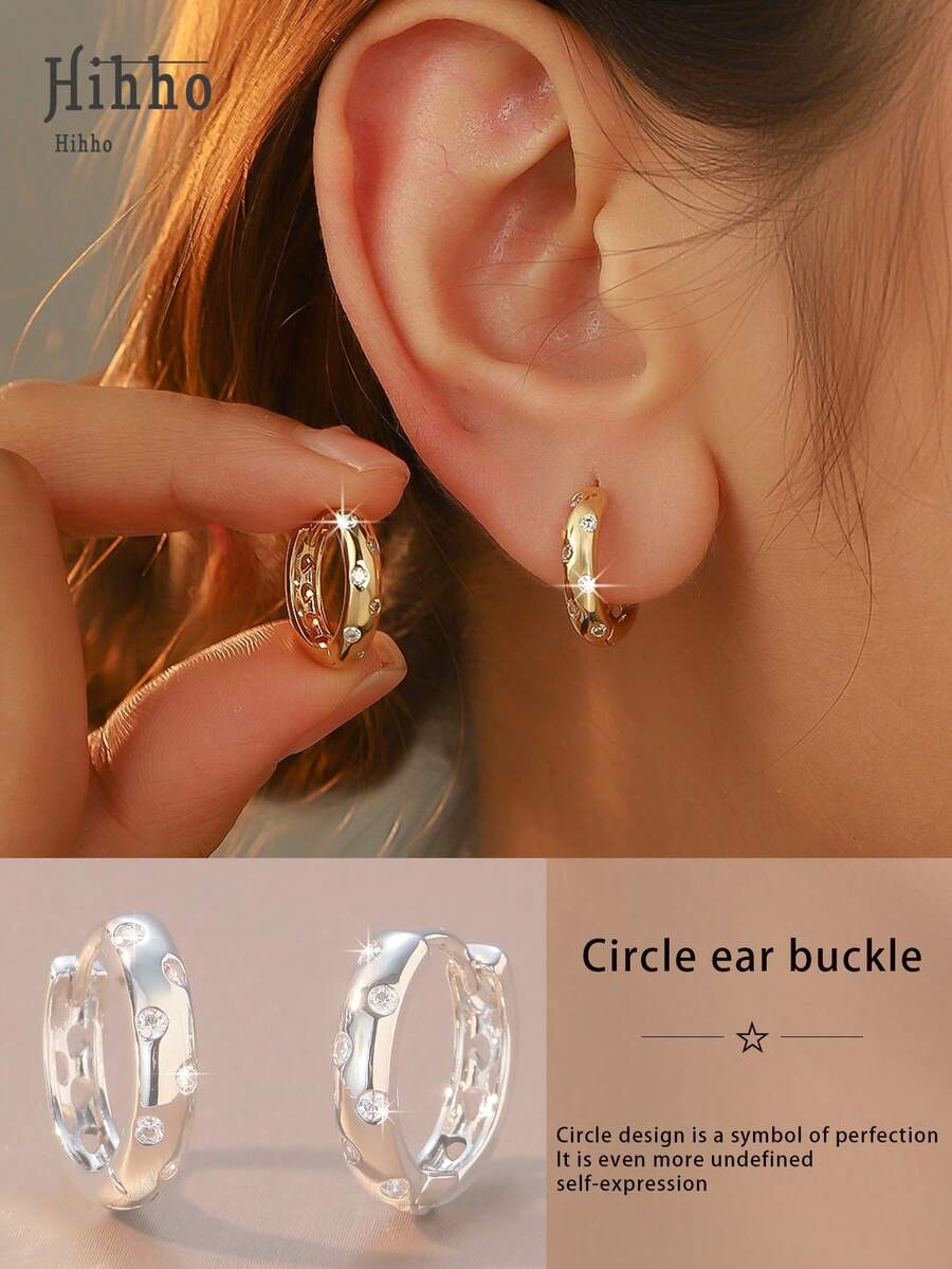 Hihho 1 Pair Silver Fully Paved Rhinestone Hoop Earrings, Minimalist Luxury Earrings, Subtle Design Elevates Professional Attire - Earrings - View 1