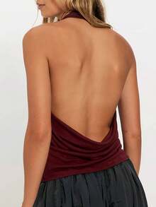 Women's Halter Open Back Draped Cowl Neck Tops Sleeveless Going Out Y2k Party Tank Top Clubwear - Màu Đỏ Sâu - Xem 3