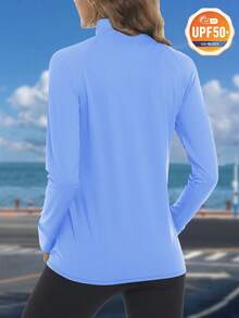 KEFITEVD 女士 UPF 50+ 轻便运动夹克 防晒 全拉链长袖衬衫 远足户外口袋 - 藍色 - 查看 3