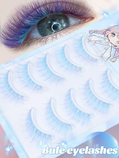 5对彩色纤细自然透明假睫毛，春季新款，女团偶像妆容，自然假睫毛，蓬松柔软的3D貂毛假睫毛，纤长丝滑，适合日常工作、会议、派对、角色扮演等场合，蓝紫色自然假睫毛，佩戴舒适，手工制作，纤长浓密，深受韩国、日本和欧洲女孩的喜爱。