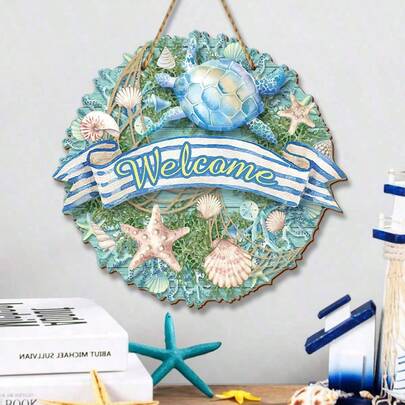 1piece Ocean-Themed Style Doorplate, Turtle Starfish And Seashell Welcome Doorplate, Suitable For Ocean View House Front Door Decoration, Beach Outdoor Decoration, Nautical-Themed Home Decoration, Hanging Doorplate, Rustic Style Wall Decoration, Farmhouse Wooden Hanging Plaque, For Home Walls And Porches