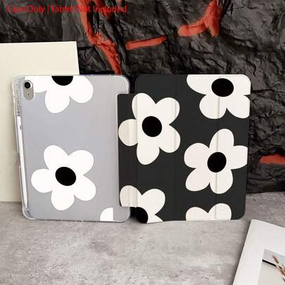 1 件装极简主义白色花朵图案黑色/透明支架保护套 - 适合现代时尚和北欧风格爱好者，保护套兼具保护性和桌面保护功能，带笔插，兼容多种平板电脑。