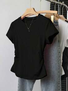 A Simple Solid-Color Short-Sleeved T-Shirt Set For Women, Suitable For Daily Wear And Easy To Match With Various Outfits. Includes 1 Piece - 多色 7 - 查看 4