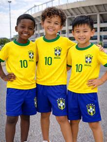 2-Piece Kit: Brazil World Cup Shirt And Shorts Set For Boys Ages 2-14. Lightweight And Comfortable Fabric. - Yellow - View 1