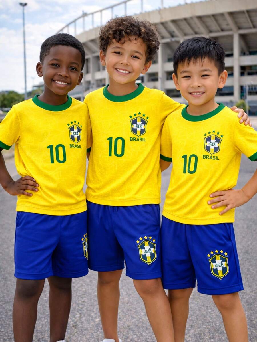 2-Piece Kit: Brazil World Cup Shirt And Shorts Set For Boys Ages 2-14. Lightweight And Comfortable Fabric. - Yellow - View 1