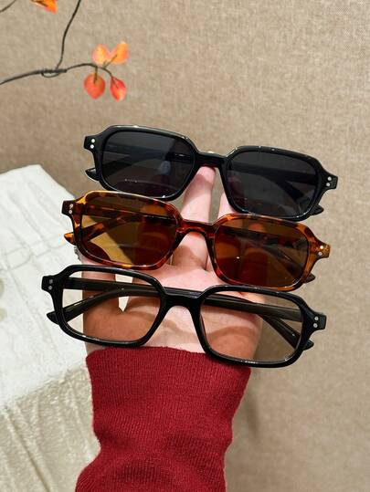 3pcs Vintage Square Frame Glasses Set - Glossy Black For Chic & Cool, Tortoiseshell Brown For Retro Charm, Black Frame With Tea-Colored Lens For Youthful Look. Durable Frames Flatter Various Face Shapes, Suitable For Commuting, Outing, And Shopping, A High-Value Fashion Item
