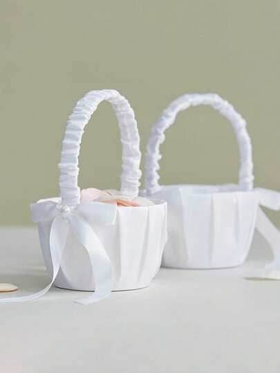 1Pc Girls Pearl Bow Flower Basket Silk Wedding Basket For Flower Bride Hand Held Wedding Ceremony Party Decorations