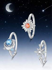 925纯银日月星辰永恒真爱戒指，镶嵌精美立方氧化锆钻石，适合作为结婚首饰、生日礼物和情人节礼物。 - 淺藍色 - 查看 1