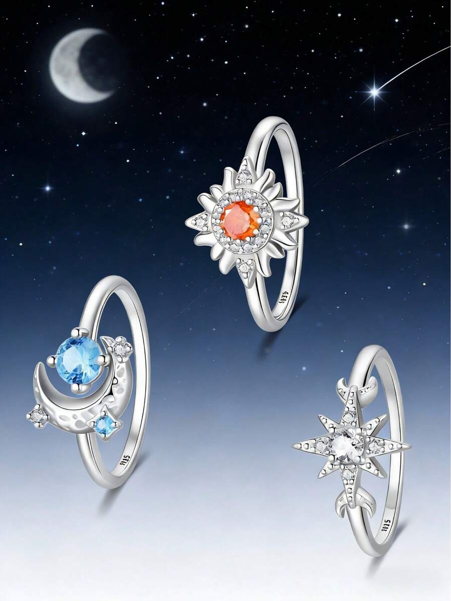 925纯银日月星辰永恒真爱戒指，镶嵌精美立方氧化锆钻石，适合作为结婚首饰、生日礼物和情人节礼物。 - 淺藍色 - 查看 1