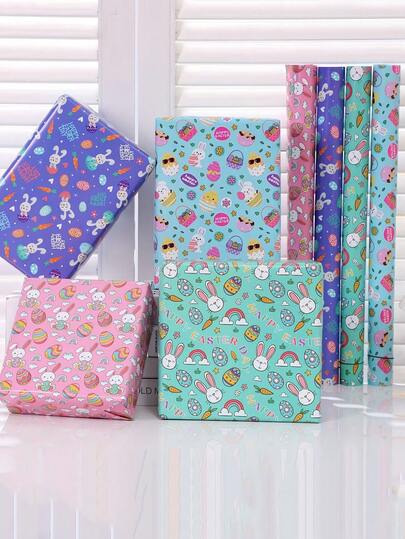 4pcs Easter Bunny Printed Gift Wrapping Paper, Mixed Color Paper Packaging Suitable For Birthday Gifts, Holiday Wrapping | Cartoon Style | Colorful Prints, Can Be Used For Easter, Birthday, Easter Gifts, Easter Egg Hunt Party Supplies, Easter Decorations. Perfect Easter Packaging Supplies.
