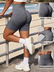 Women's Solid Color Seamless Elastic Lifting Tight Shorts, Fashionable Peach Butt, Running, Training, Fitness, Yoga Shorts - Dark Grey - View 1