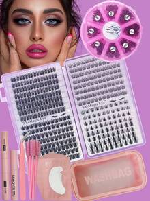 2-Box Pack,900Pcs Lash Extension Kit, D Curl ,8-16mmMIX, DIY Eyelash Extension Kit Individual Lashes Cluster ,With Lash Bond And Seal, Lash Remover And 10Pcs Eye Pads+10Pcs Lash Brush, A Pair Of Tweezers, Perfect Gifts, Soft & Super Light For Daily Life & Party - Black - View 3