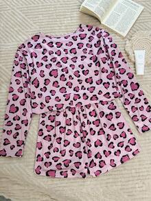 2 pièces Ensemble de pyjama femme à manches longues imprimé, col rond, avec short à taille élastique, confortable - Rose bonbon - Voir 9