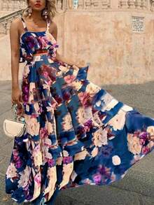 女士春夏波西米亚风沙滩度假印花吊带背心搭配松紧腰长裙两件套，荷叶边吊带背心和长裙波西米亚休闲套装，沙滩裙 - 中等水洗藍 - 查看 4