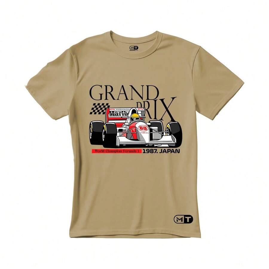 Unisex T-Shirt With Grand Prix Car Print - 2026 - Beige - View 1