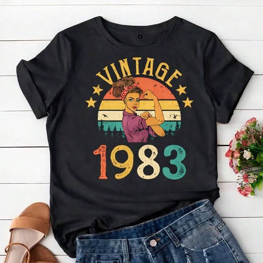 Women's Vintage 1983 Retro Stylish Printed T-Shirt/Blouse, 100% - màu đen - Xem 1