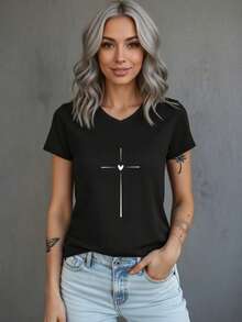 Women's Cotton T-Shirt Blouse Comfortable Delicate Heart Cross T-Shirt - 黑色 - 查看 4