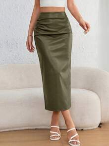 Women Fall Midi Skirts Casual Faux Leather Elastic High Waist Ruched Slit Back Bodycon Pencil Skirt Going Out Business Cocktail Party Outfits - 軍綠色 - 查看 5