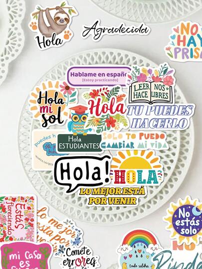 50张卡通西班牙语励志贴纸，创意趣味设计，适用于滑板、吉他、剪贴簿、笔记本电脑、派对、行李箱和节日礼物装饰