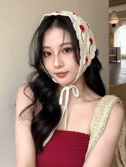 1pc Cute Sweet Triangle Scarf, Women's Embroidered Cherry Hollow-Out Handmade Headband, Dopamine Headscarf, Daily Hair Accessory For Ladies