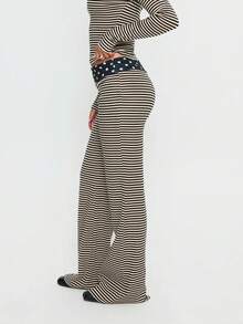 Women's Y2k Stripe Fold Over Pants Fashionable Casual Loose Fit Dot Patchwork Bell Bottom Stretch Straight Leg Trousers - 黑色 - 查看 3