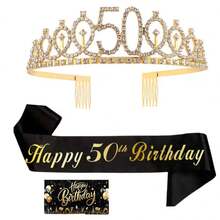3件套女士生日绶带和皇冠套装，包含生日皇冠、绶带、胸针和贺卡，适合庆祝16岁、18岁、21岁、30岁、40岁、50岁、60岁、70岁、80岁生日。 - 彩色 - 查看 8