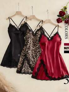 Women Sleep Dresses 3pcs Slit Contrast Lace Pajama Set Lace Up V Neck Backless Sexy Dress Elegant Nightdress Loungewear Lace Nightgown Sexy Pajamas Home Loungewear Bedtime Wear Backless Sleepwear V Neck Pajamas Sexy Sleepwear Contrast Lace Detail Hand Wash Care Feminine Stitching - 彩色 - 查看 1